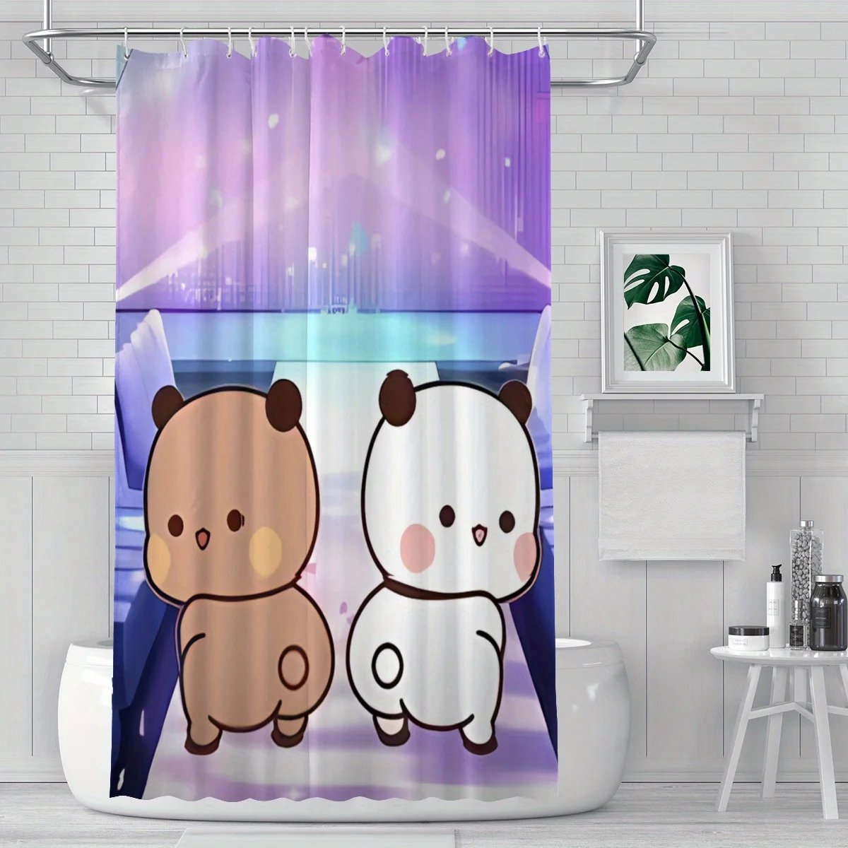 Shower Curtain with Cute Panda and Bear Cartoon Print Purple Gradient Background Waterproof Polyester Bathroom Decor
