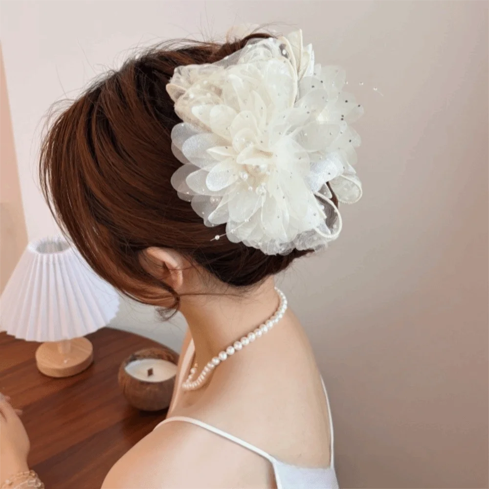 

New Sweet Rose Flower Hair Claw Volumizing Elegant Beaded Tassel Jaw Clips Shark Clip Large Size Hair Accessories Wedding