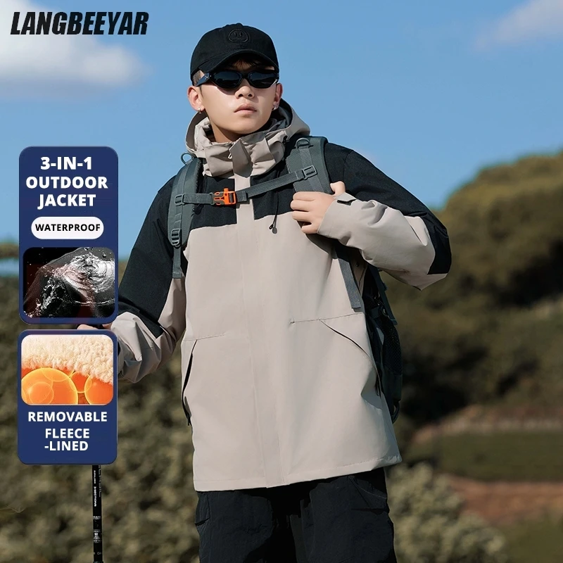 

High End 3-in-1 Interchange Jacket Thick Fleece-lined Parka Outdoor Coats Men Hooded Sports Heavy Windbreaker Casual Outerwear