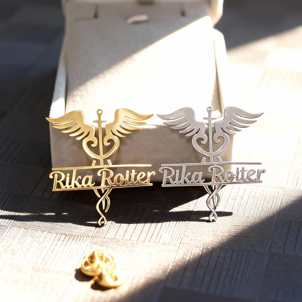 Custom Name Caduceus Brooch Personalized Medical Snake Scepter Wings Lapel Pin for Doctor Nurse Medical Student Jewelry Gifts view 2