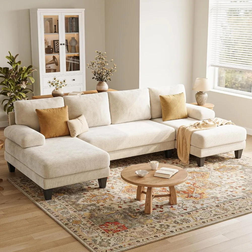 U-Shaped Sectional Couches for Living Room | 112 Inch Modern Sectional Couch | Warm White Chenille Sofa, Customized