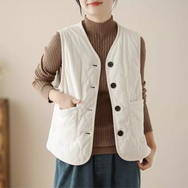 

Женский вельветовый жилет, пальто, новинка 2025 года, свободный осенне-зимний жилет с карманом и v-образным вырезом, однобортный толстый бархатный стеганый жилет, куртки