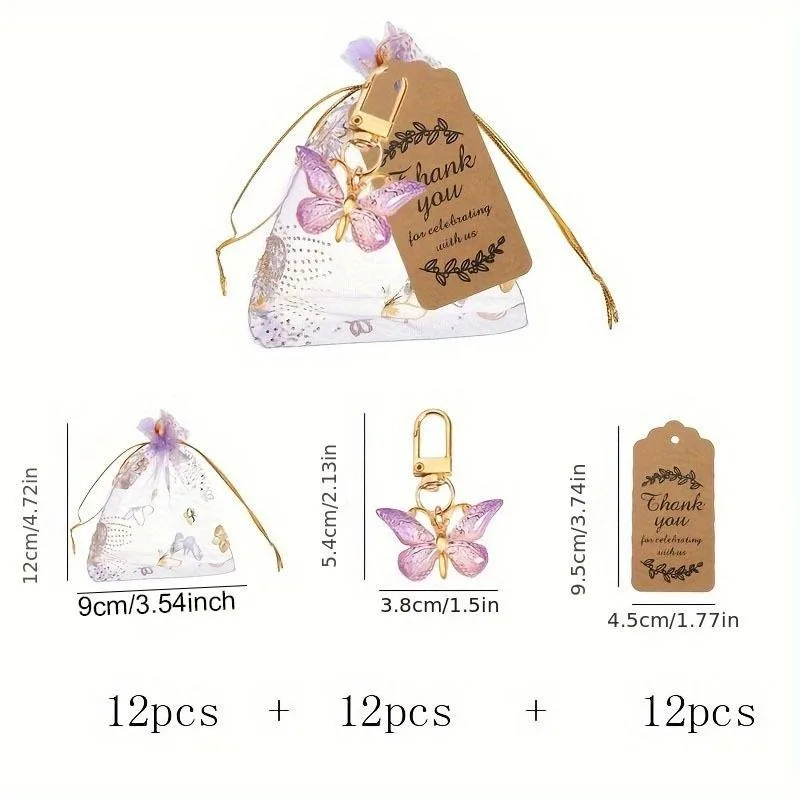 Juego de regalo con llaves de mariposa, 12 Uds., juguetes acrílicos con llaves moradas, tarjetas marrones y 12 Uds. De bolsas con cordón de Organza, bonitos recuerdos de fiesta para chico y niña