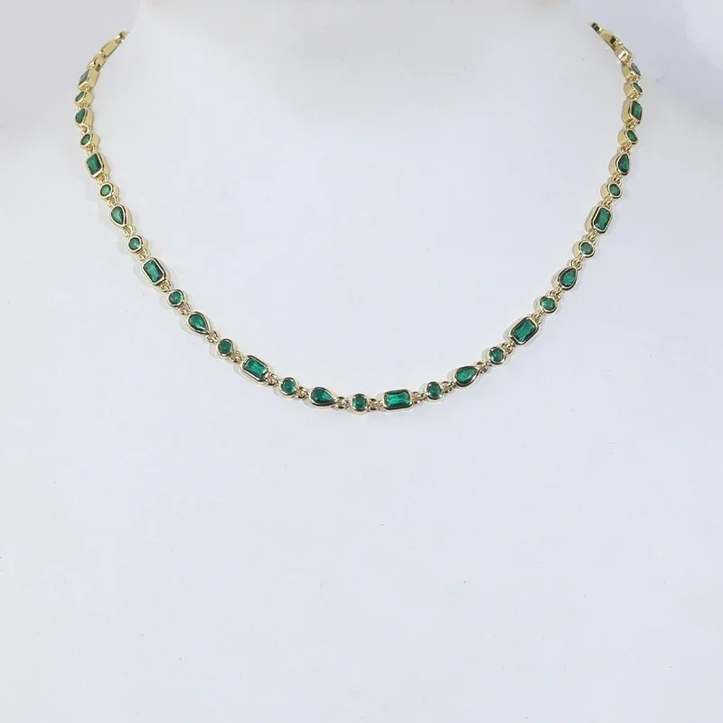 Gold Color 16inches Bezel Set Geometric Various Shaped Green Cubic Zirconia CZ Link Tennis Chain Choker Women Necklace