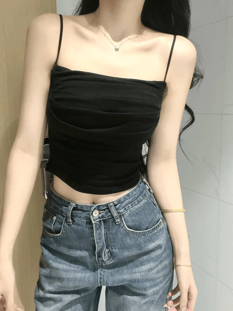 Brand Pure Desire Women's Slim Fit Pleated Strap Vest New Style Inner And Outer Wear Top Cover Side Breast U-Neck Modal Fabric