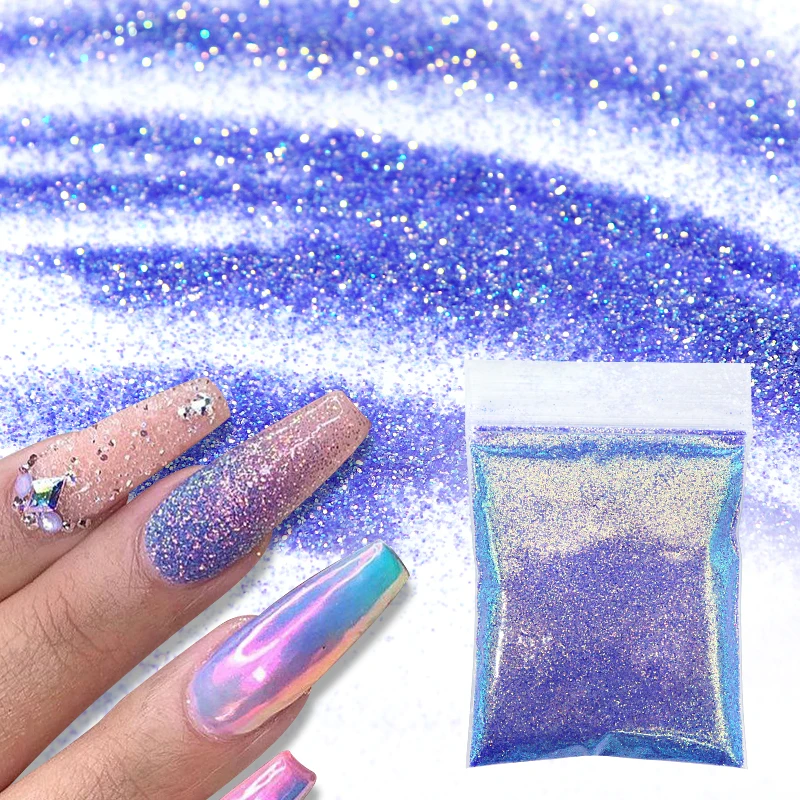 10 G/zak Holografische Glitter Poeder Voor Nagels Ontwerp Paars Roze Pigment Poeder Uv Gel Nail Art Decorations Bling Pailletten Vlokken