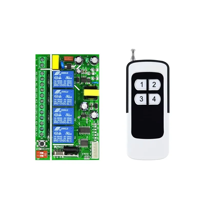 

433MHz AC85-220V 4-Way Wireless Remote Switch with Manual for Electric Doors, Gates and Curtains