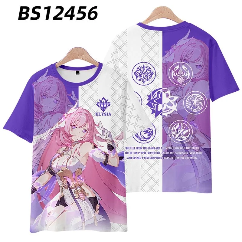 New! Honkai Impact 3 Elysia 3D Printing T-shirt Summer Round Neck Kimono Short Sleeve Popular Game Streetwear