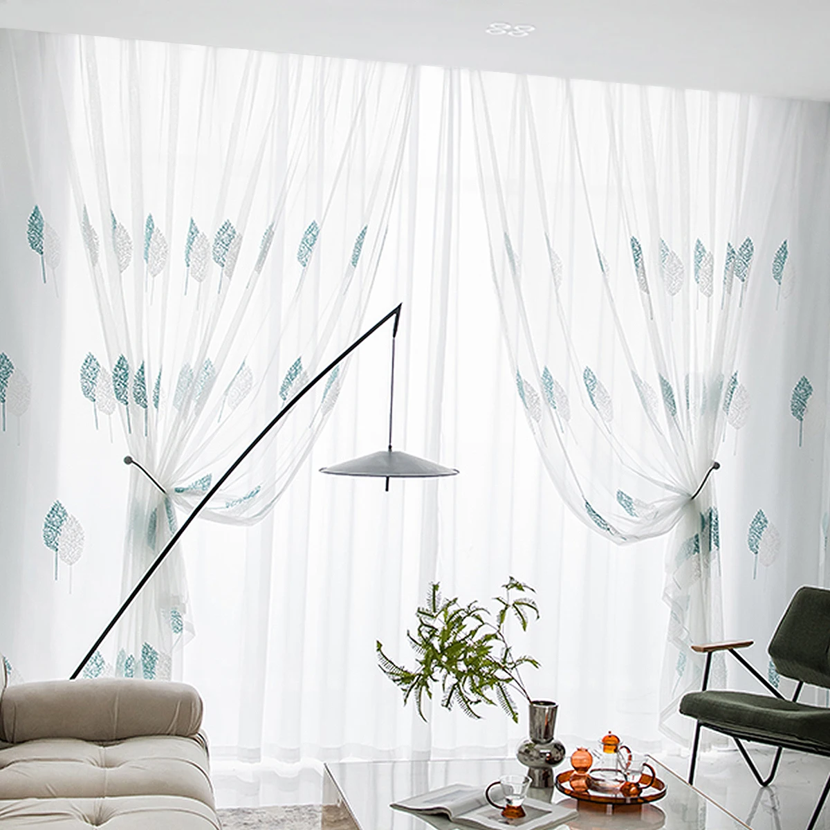 1pc Leaf Pattern Sheer Curtain,Pastoral Style Flower Embroidery Tulle,Rod Pocket,Window Drape For the Room Decor