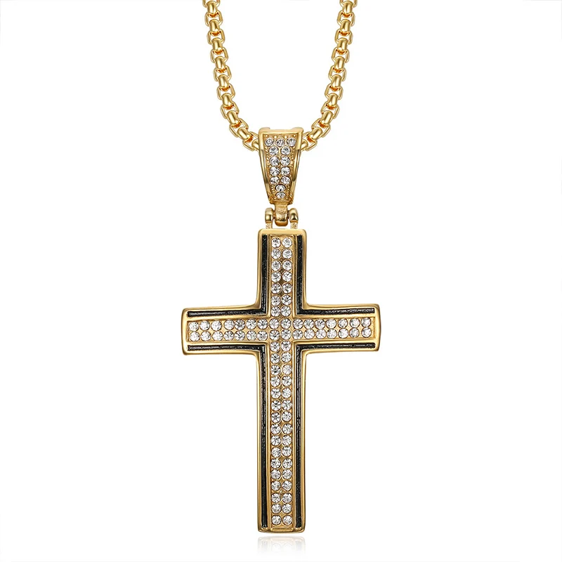 Hiphop Bling Iced Out Rvs Cross Hangers Ketting Voor Mannen Rapper Sieraden Goud Zilver Kleur