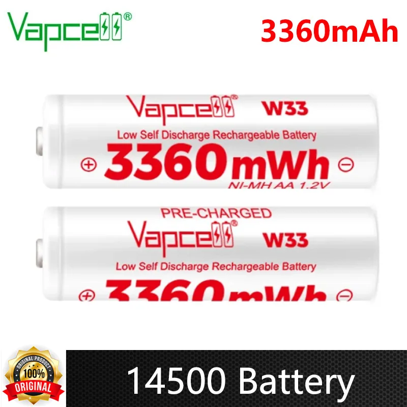 Original Vapcell W33 14500 Battery 3360mAh 1.2V AA Ni-Mh Battery Long Life Low Self Discharge Rechargeable Batteries For Toys