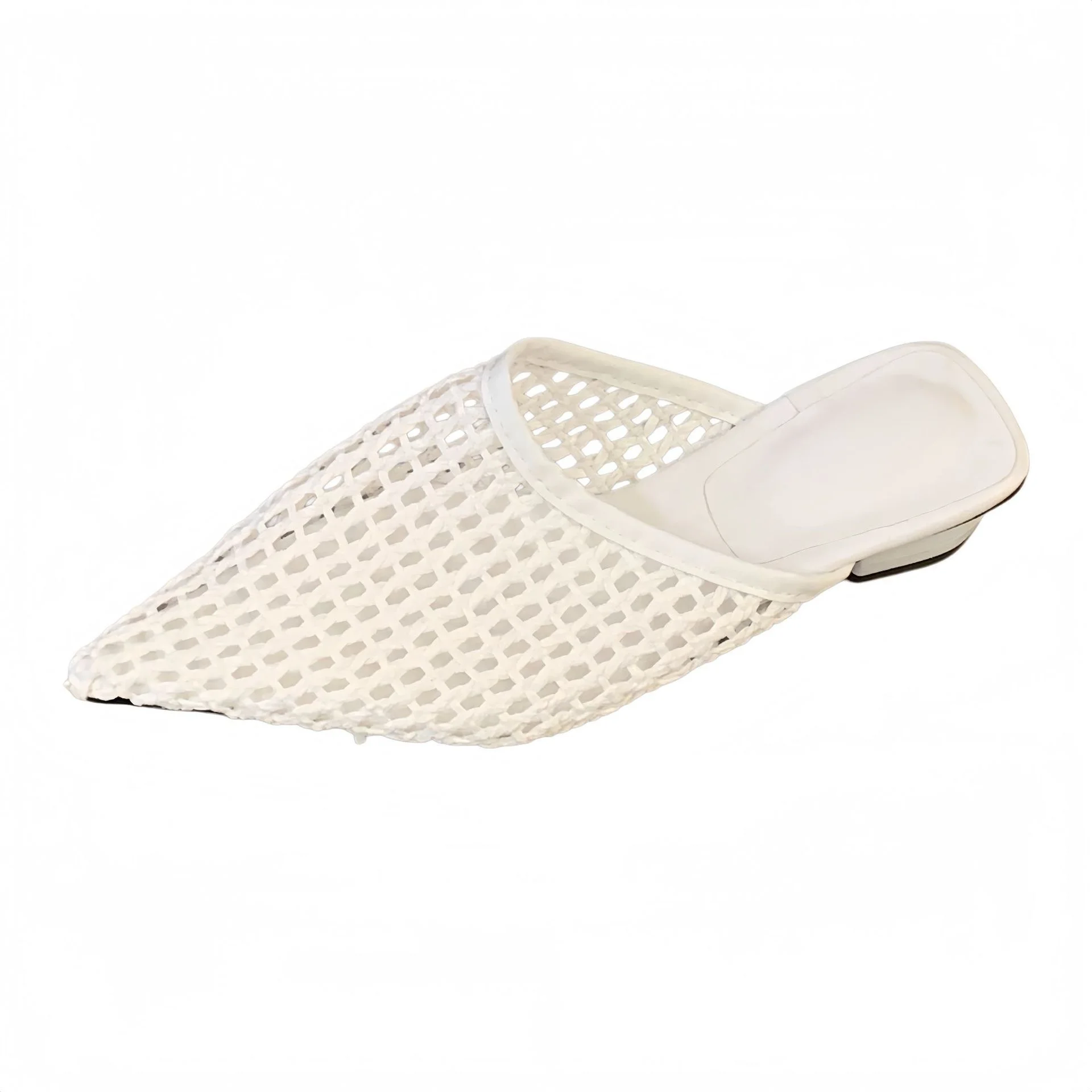 New Summer Woven Mesh Pointed Toe Mid Heel Women Sandals Fashion Solid Shallow Mouth Thick Heel Slippers Casual Pull On Footwear