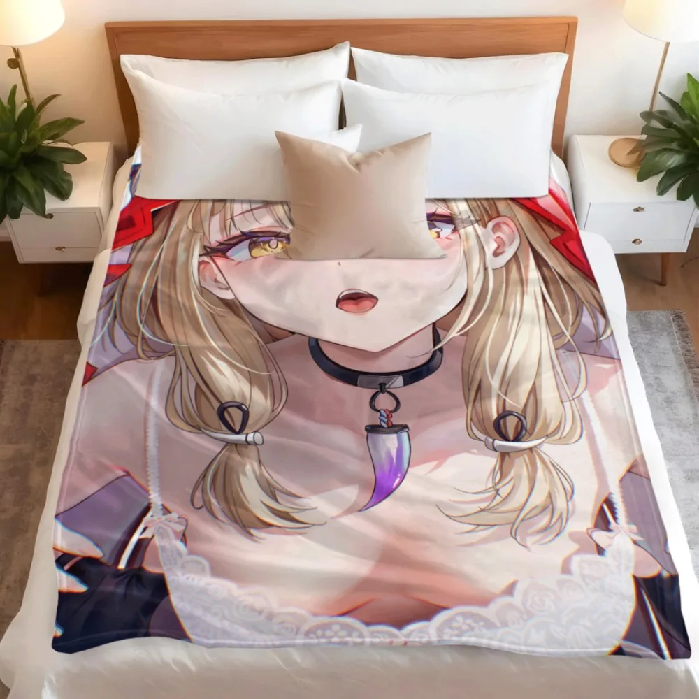 Anime Flannel Throw Blanket Burnice Print Blonde Twin Tails Girl Yellow Eyes Red Bow Soft Warm Bedding Sofa Fan Gift