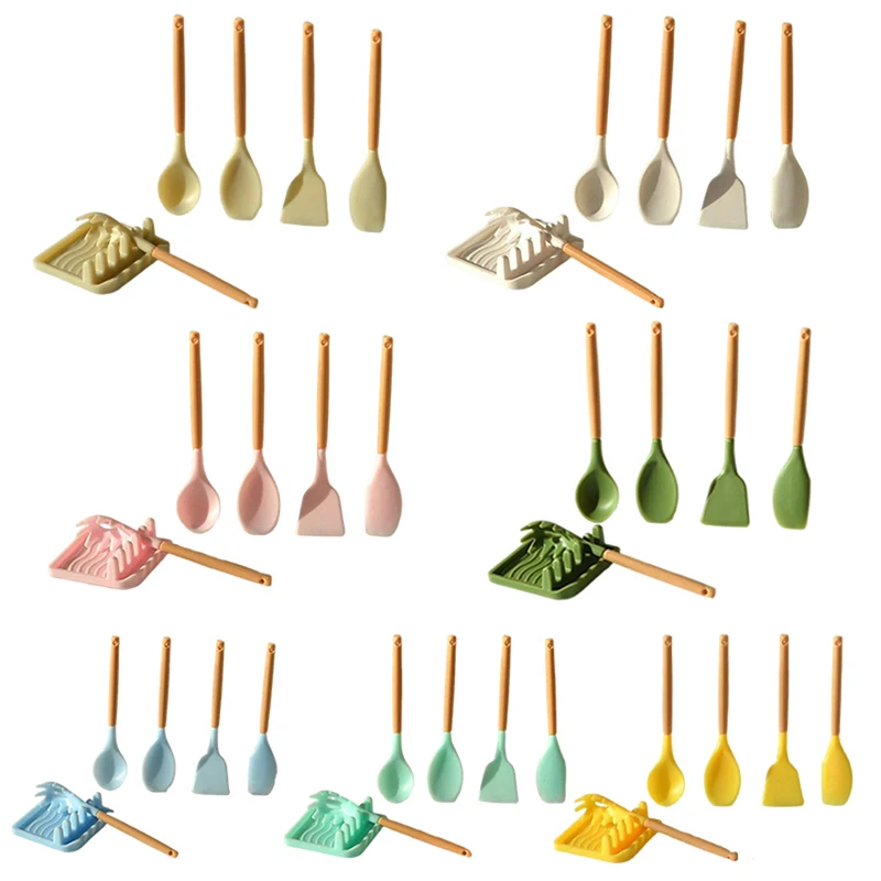 1Set 1:6 Dollhouse Miniature Pot Spatula Spoon Squeegee Frying Shovel with Holder Tray Mini Turner Kitchenware Model Decor Toys