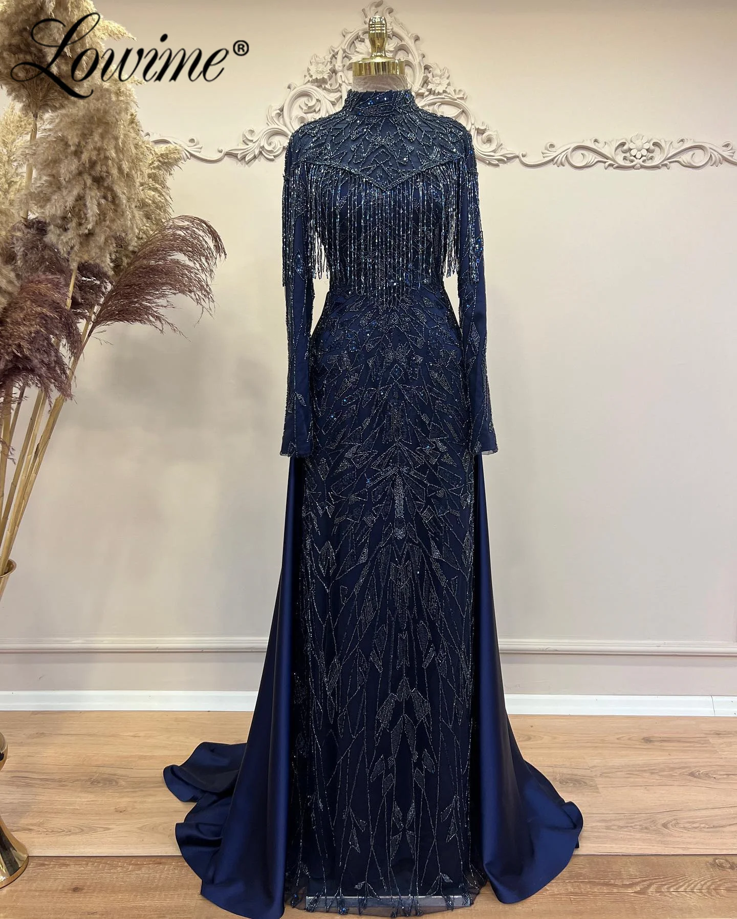 

Customized Formal Evening Dresses Navy Blue Purple Green Women Party Gowns Long Sleeve Tassels Beading Sequined Prom Dress Robes