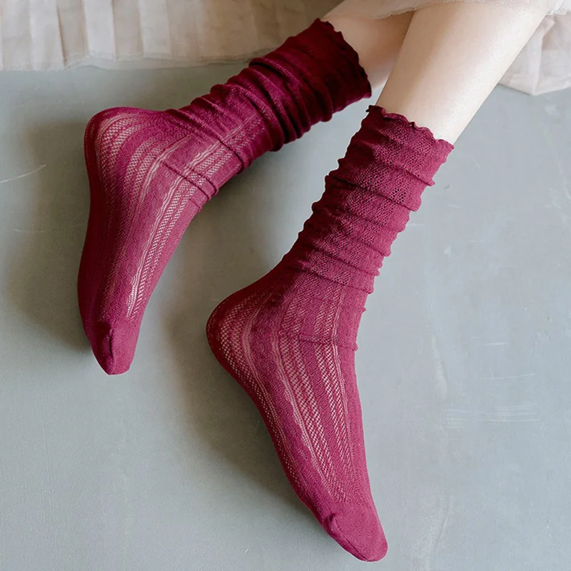 Women Hollow Mesh Frilly Princess High Socks Japanese Fashion Velvet Summer Thin Coffee Wine Elastic Loose Long Stockings