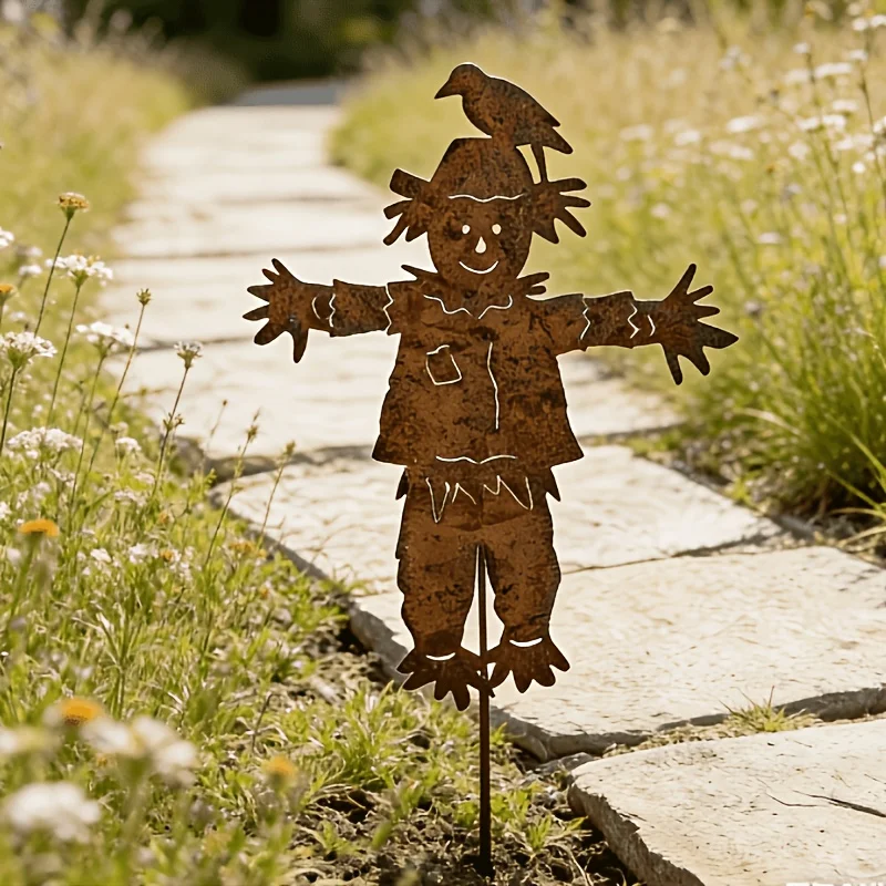 Rustic Metal Scarecrow and Bird Garden Stake - Vintage Outdoor Decoration for Lawns, Villas, and Yards, No Batteries Required