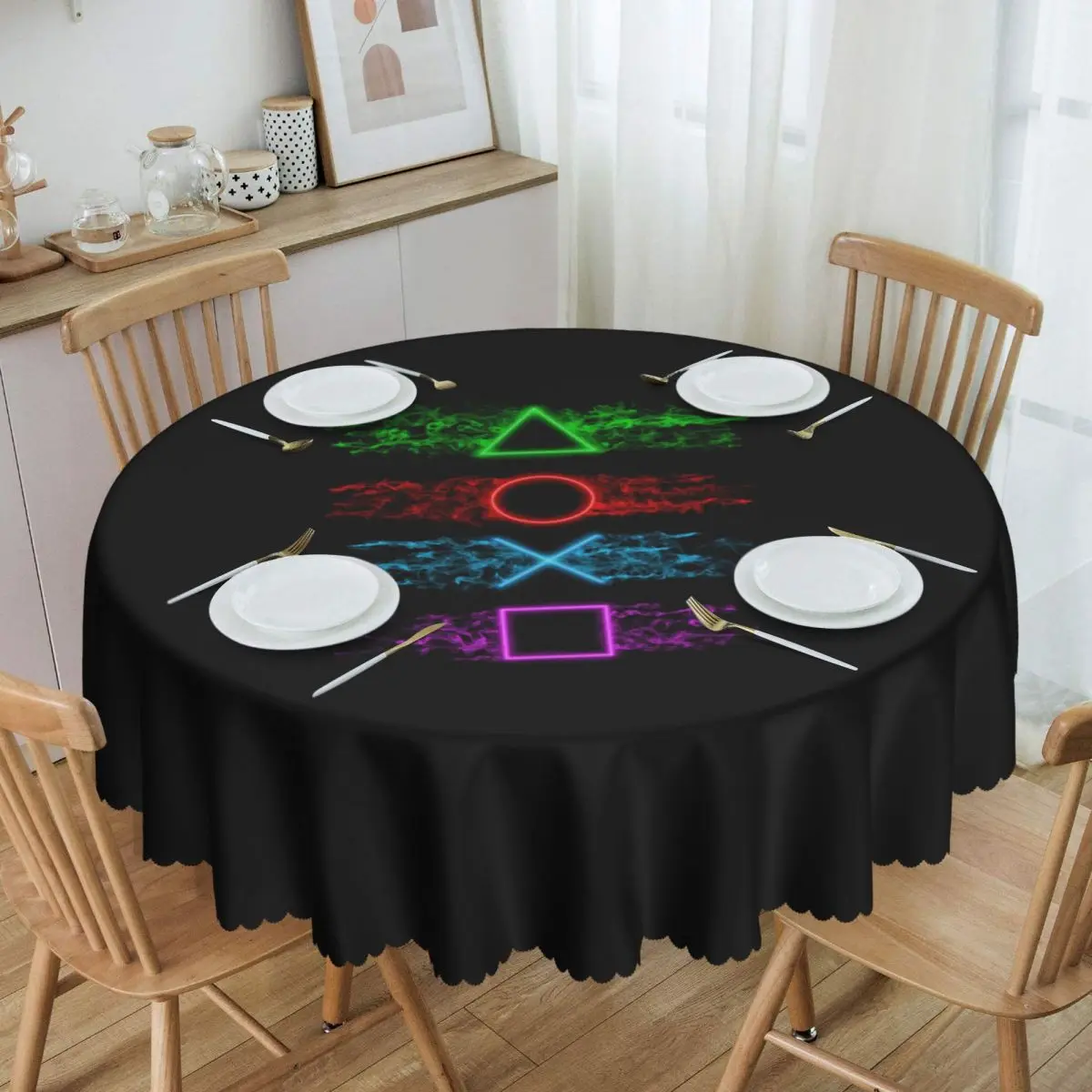 Custom Playstations Buttons Tablecloth Round Oilproof Game Gamer Gift Table Cloth Cover for Dining Room 60 inch