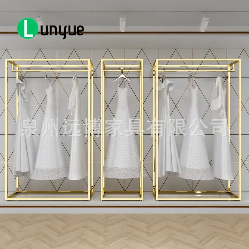 Gold Floor to Ceiling Wedding Dress Rack Wrought Iron Clothing Display Stand for High End Store Studio Hanfu Garment Hanger
