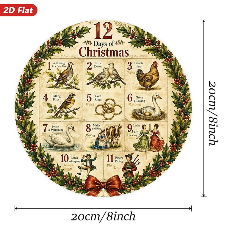 2D Flat, 1pc Christmas Days Scene Round Metal Sign Wall Art, Home Decor, Twelve Days Of Christmas, Partridge And Pear Tree, Turt