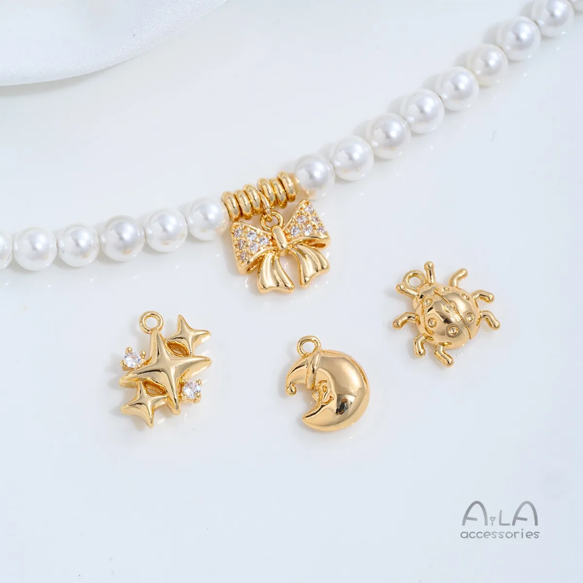 Brass Polished 14K Gold Plated Zircon Star Moon Cross Bow Knot Charms DIY Bracelet Necklace Findings 1Pcs