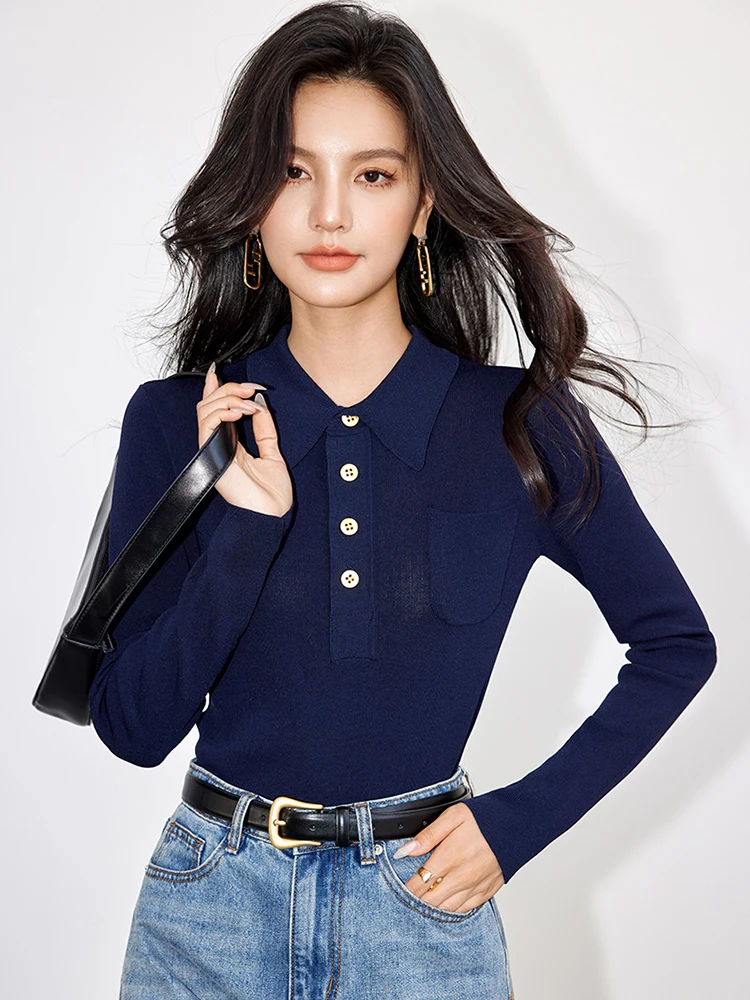 Turn-down Collar Pullover Knit Sweater Women\'s 2024 New Korean Style Elegant Chic Long Sleeve Slim Fit Tops Casual Sweater