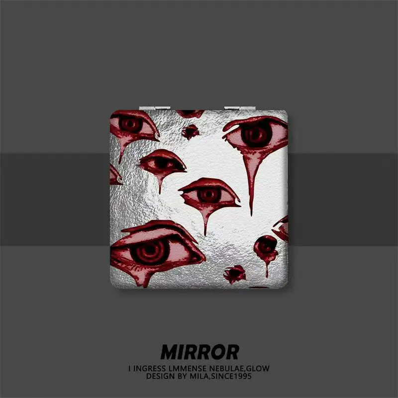 Blood Eye Mini faltbarer tragbarer doppelseitiger hochklappbarer PU-Schminkspiegel Normaler und vergrößernder Spiegelkamm mit magnetischer Saugkraft
