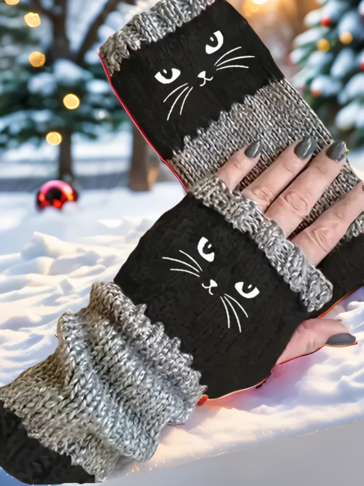AliExpress NONE 1/2/3 Pairs Winter Fingerless Gloves Warm Knit Gloves Cat Pattern Thickened Gloves Touchscreen Anti-Cold Outdoor Cycling Mittens