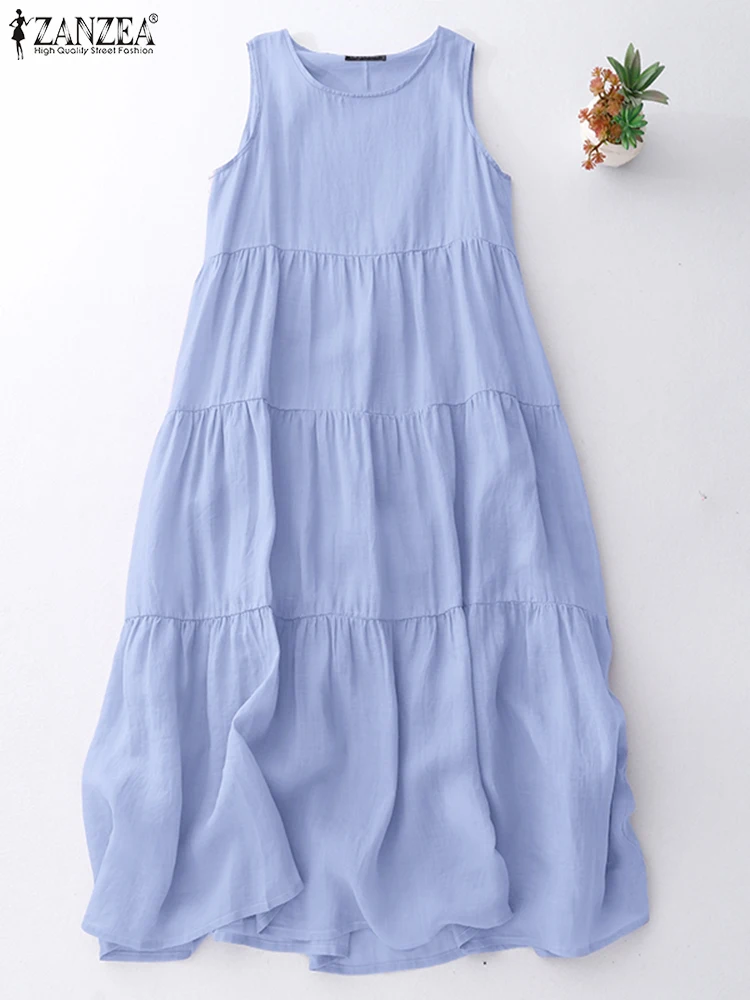 Zanzea sem mangas midi vestidos femininos 2025 verão casual o-pescoço em camadas a linha robes femme férias cor sólida vestido de verão S-3XL