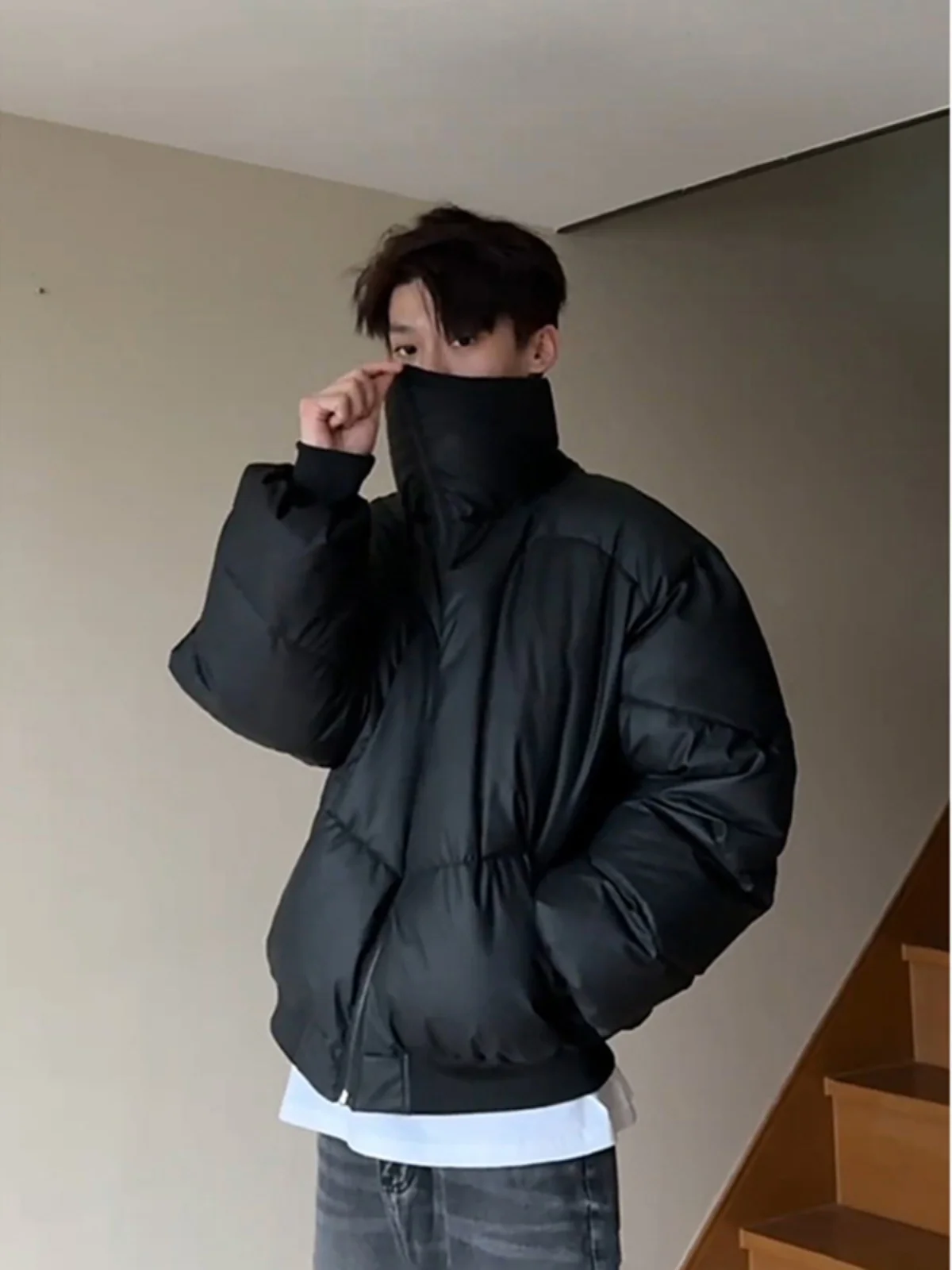 

Bla Stand Collar PU Leather down Cotton Jaet Men's Winter Windproof Waterproof ort Coat Northeast Cold Resistance Ameri...