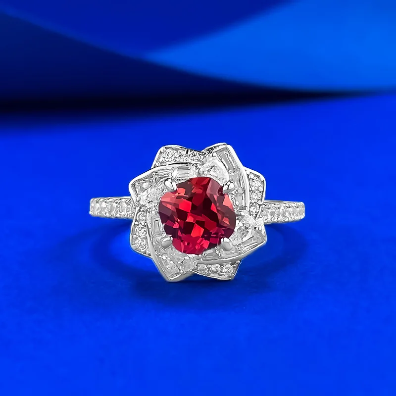 

S925 Silver Ring 6 * 6mm Fat Square Sunset Red Rose Ring Petal Shaped Inlaid Women's Jewelry