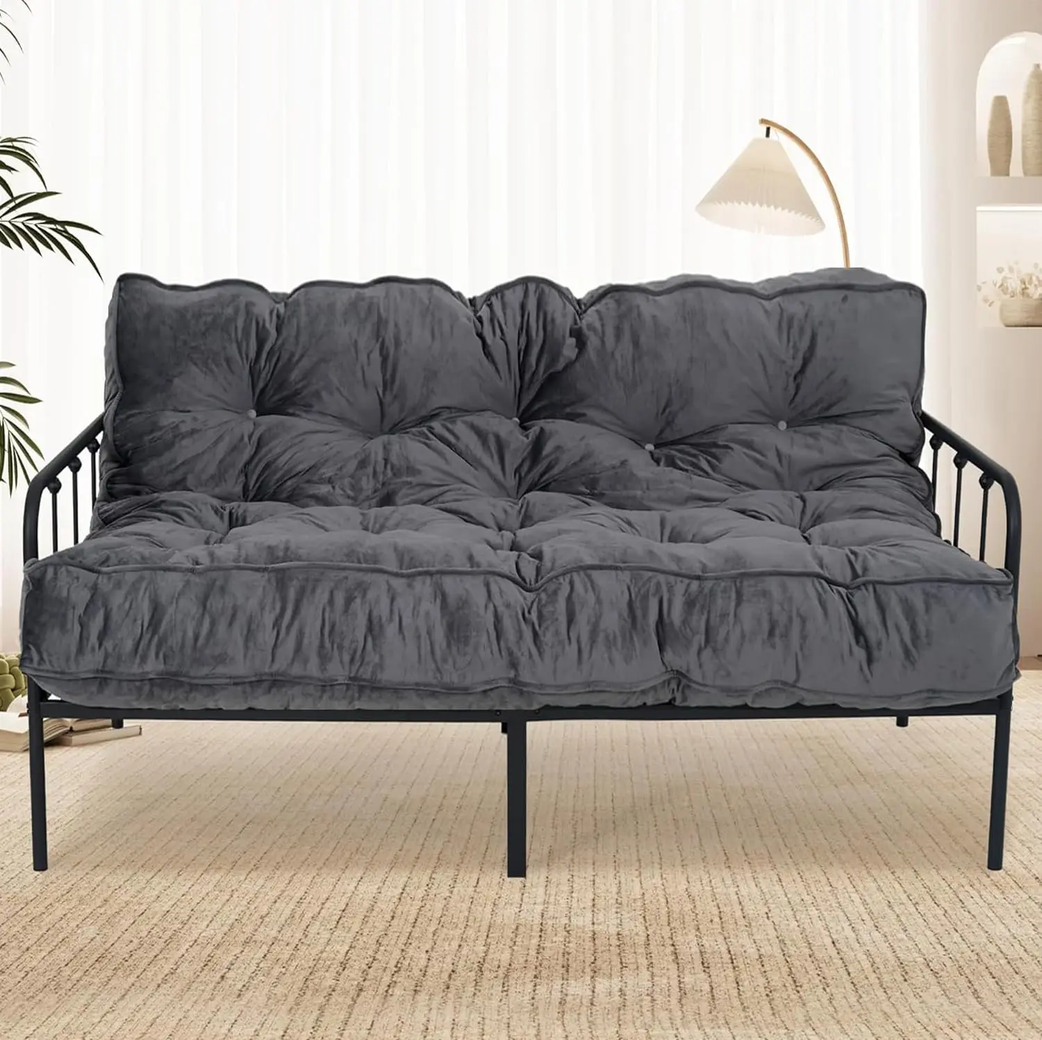 Dark Grey Shredded Foam Futon Mattress for Adults, No Assembly Needed, Ideal for Living Rooms
