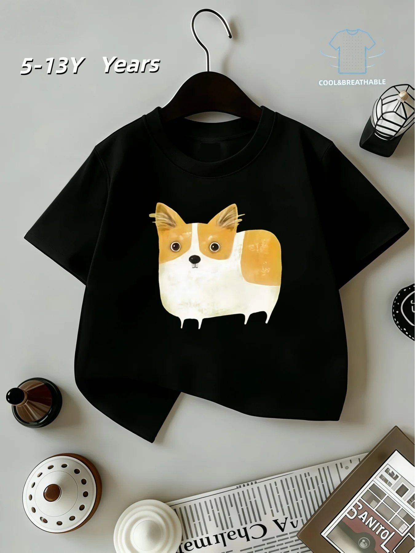 Kids  Cotton Tee Minimal Watercolor Corgi Puppy Cartoon Print Crew Neck Short Sleeve Boys Girls Casual Tops