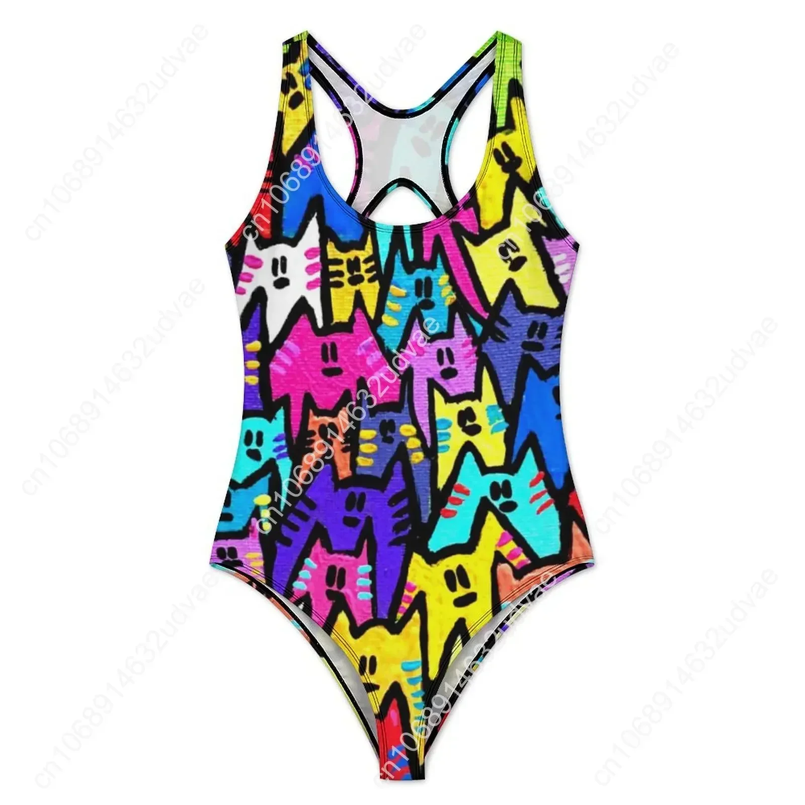 Funny Cat Swimsuit Colorful Cats Pop Art Swimwear One-Piece Fitness Bodysuit Cut Out Bathing Suits Ladies Push Up Sexy Beachwear