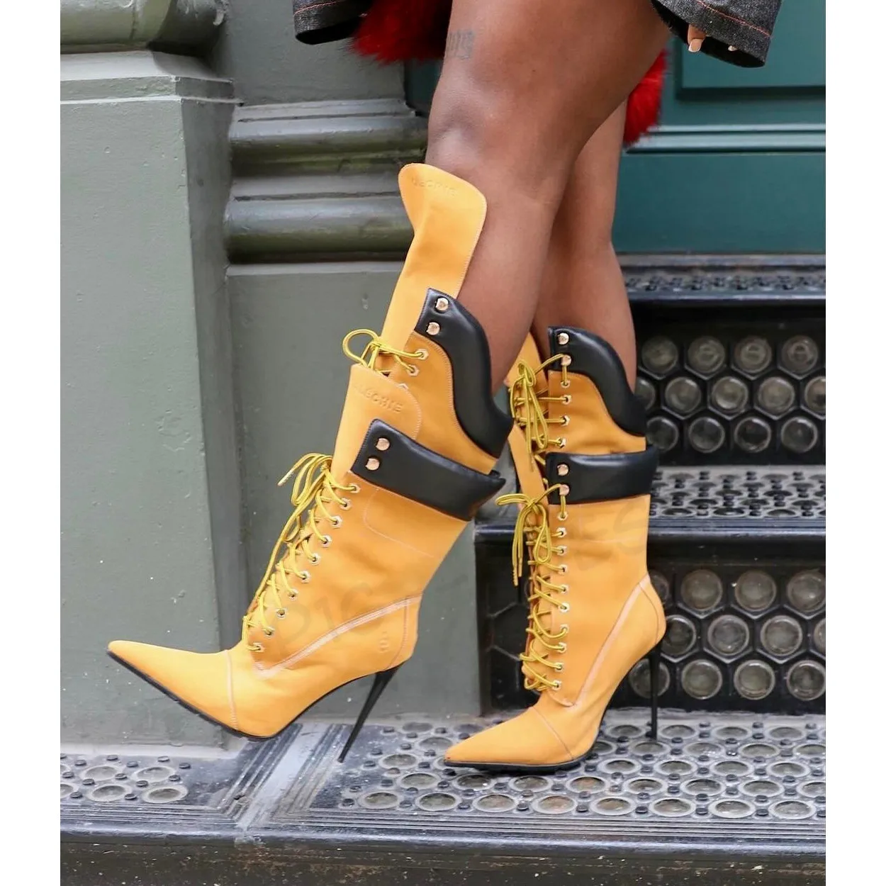 

Pointed Toe Stiletto Double-Layer Lace-Up Boots for Women Color Matching Trendy Fashion Show Large Size Knee-High Boots