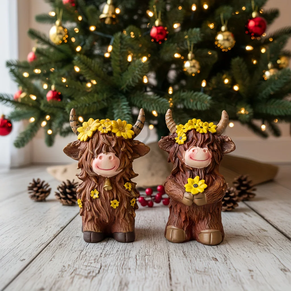 Resin Highland Cow Figurine Cute Flower Wreath Scottish Cow Statue Christmas Home Tabletop Ornament Desktop Decor Holiday Gift