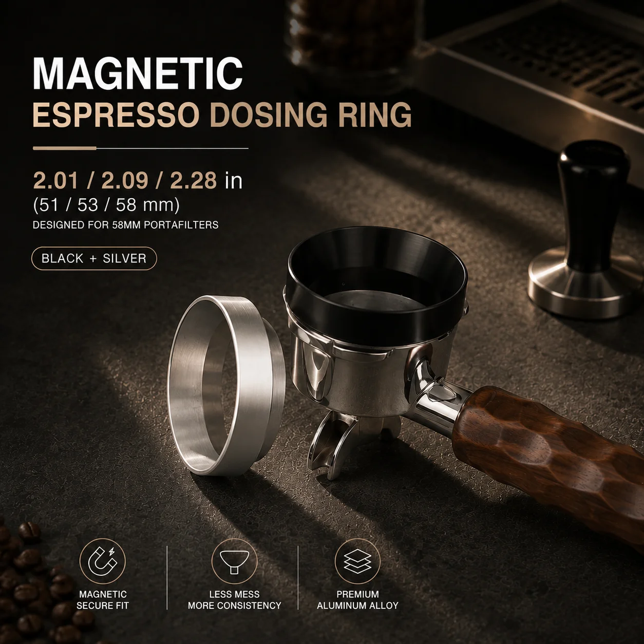 1 Coffee Measuring Funnel/Ring, Magnetic Espresso Measuring Funnel, 51/53/58 mm Coffee Powder Ring, Coffee Tool, Black, Silver
