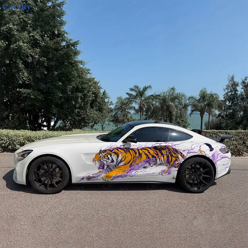 2pcs Purple Aura Storm Tiger Car Side Wraps, Self-Adhesive PVC Waterproof & Scratch-Resistant Stickers, Car Accessory Gift