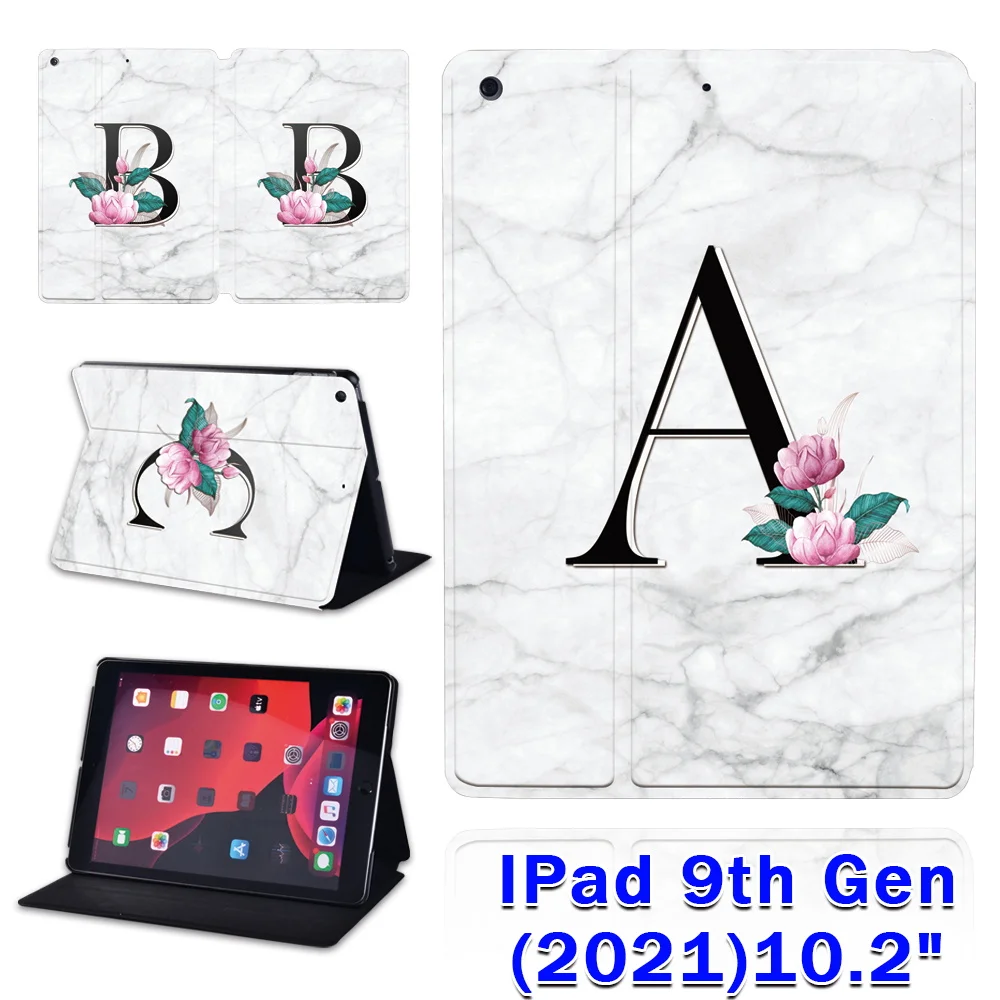 

Tablet Case for Apple iPad 10.2 inch 9th Generation 2021 Initial Name 26 Letters Series Stand Cover Soft Funda + Free Stylus