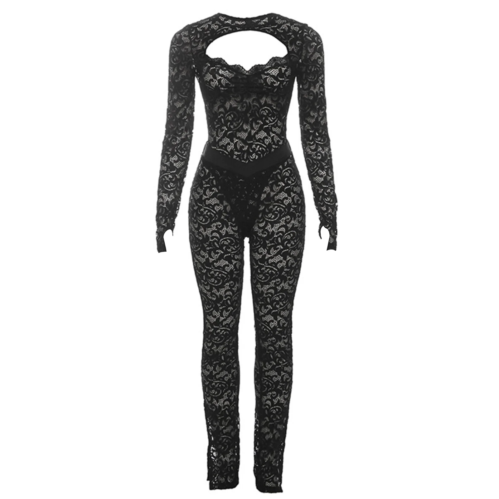 섹시한 여성 시스루 플로럴 레이스 의상 긴 소매 앞뒤 홀로우 바디콘 바디수트와 바지 세트 나이트클럽 레이브용