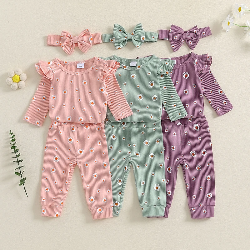 

Autumn Baby Girl Ribbed Outfit Daisy Print Long Sleeve Romper Elastic Waist Pants Tie Headband Newborn Clothes Set