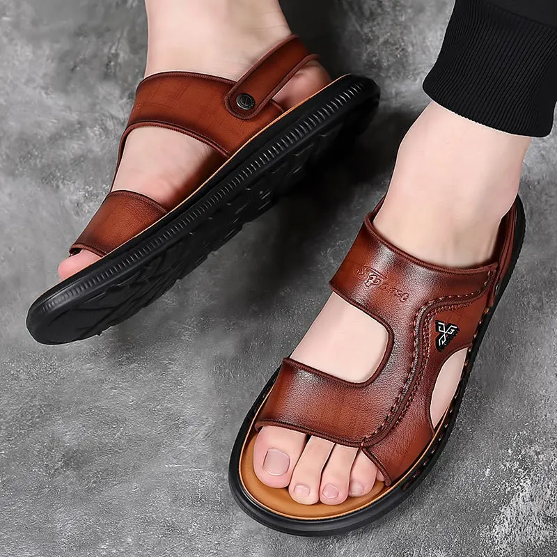 2023 Summer New Men\'s Top Layer Cowhide Beach Shoes Fashion Casual Leather Slippers Men\'s Open Toe Sandals