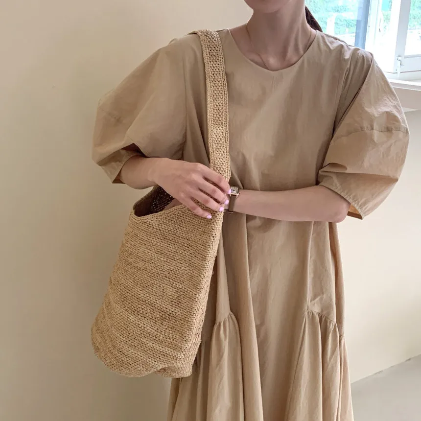 REALEFT estate 2024 nuovi abiti lunghi da donna irregolari a vita alta con maniche a sbuffo o-collo Casual abito dritto allentato femminile