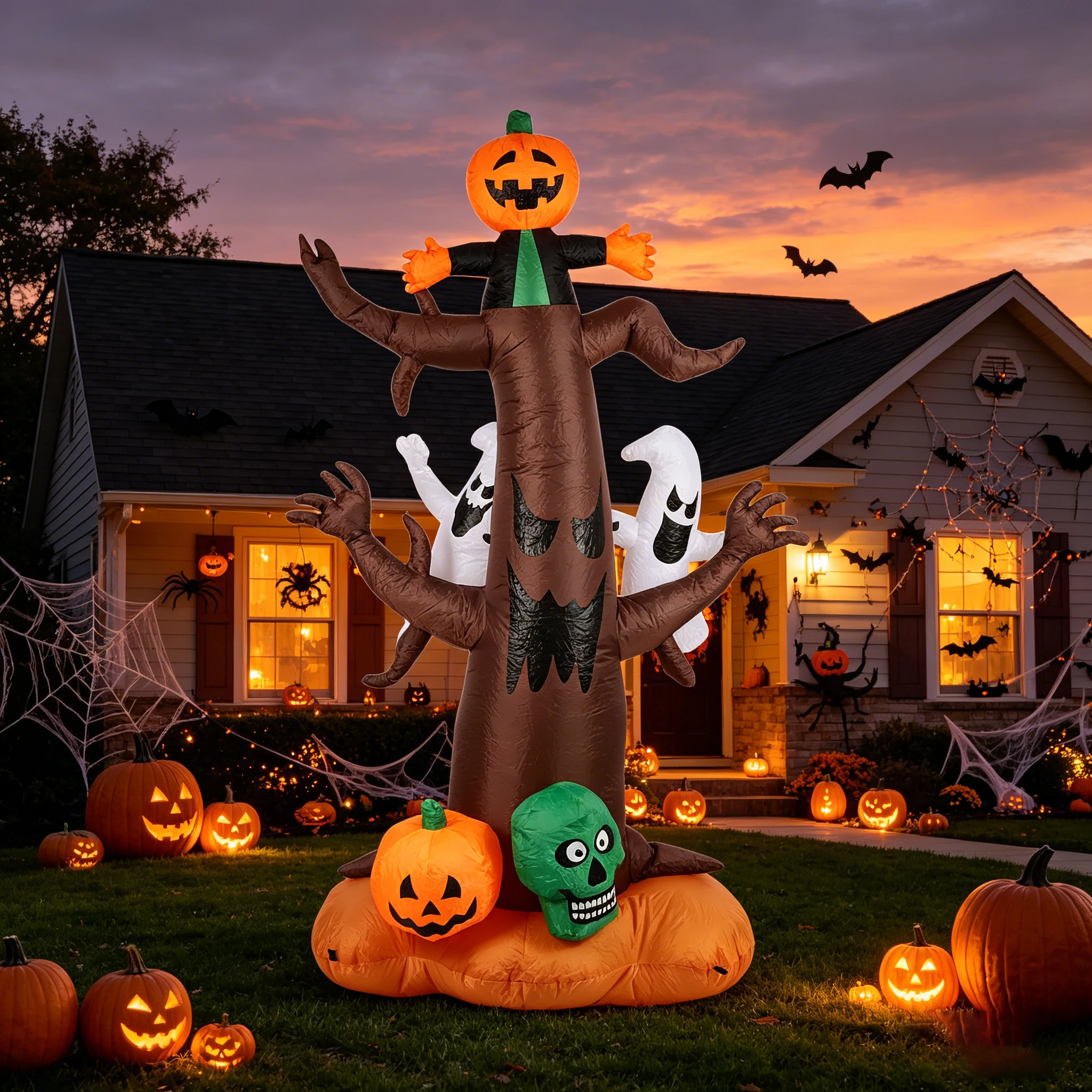 

Halloween Inflatable Model 8ft Tall Ghost Tree Elf Pumpkin Combination Inflatable Model Spooky Halloween Inflatable Decoration