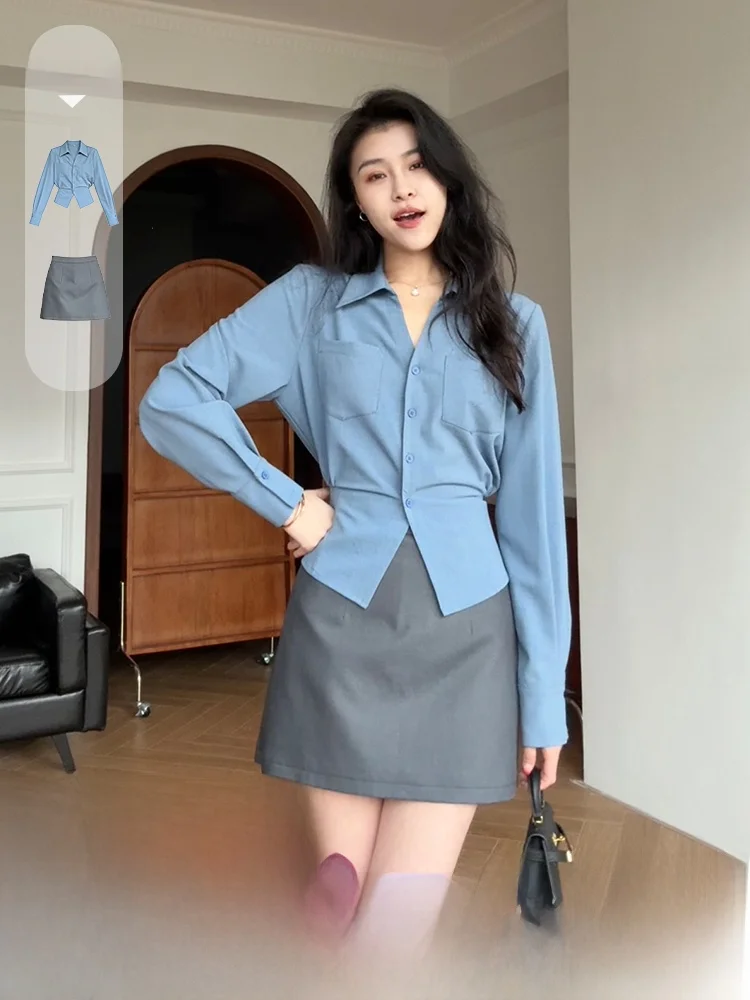 

Blue Shirt Grey Skirt Set High Waist Polyester Fiber Long Sleeve Button up Slim Fit Commute Style Summer Fashion Women's Outfit