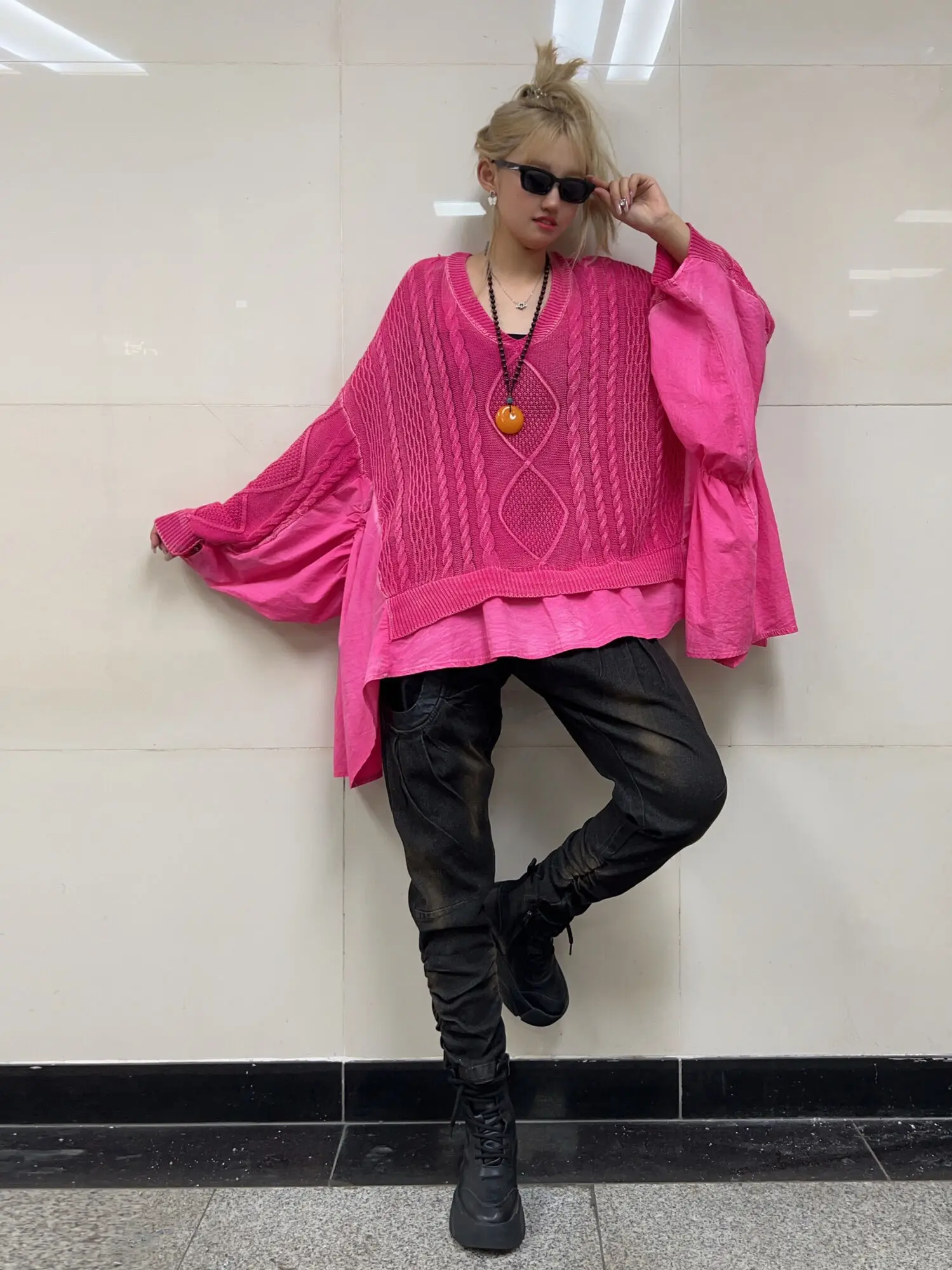 Rose Pink Knitting Irregular Stitching Ruffle Sweater Women Loose Bat Sleeve V-neck Long Sleeve Thin Knit Blouse LX2478