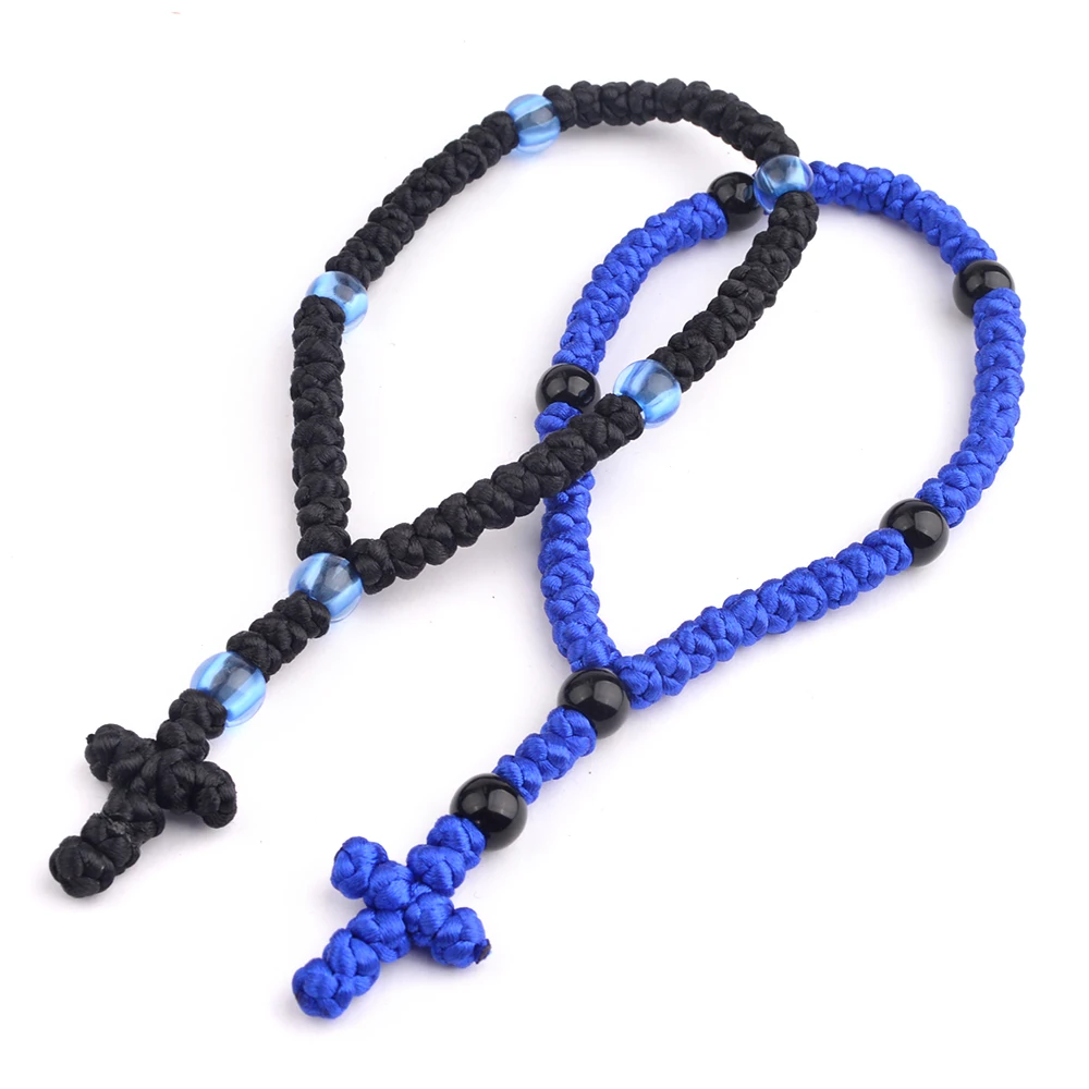 Fashion Handmade Blue Black Knot Catholic Rosary Bracelet with Acrylic Round Father Beads