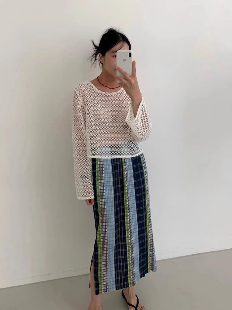 ZHISILAO Vintage Plaid Long Straight Skirts Women Summer 2025 Chic Lattice Boho Beach Wear Skirts Holiday