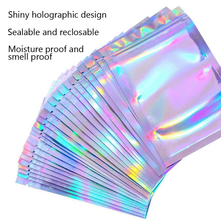 10 Stück holografische Folienbeutel mit wiederverschließbarem Reißverschluss für Nagelsteine, Schmuck, Make-up, Gel-Lack, Verpackung, Geschenkbeutel – Detail 2
