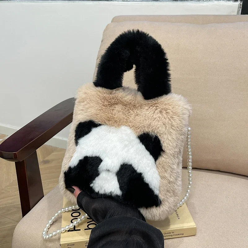 Lovely Fashion Advanced Feeling Handbags 2024 New Mink Fur Panda Cartoon Large Capacity Versatile Western Style Crossbody Bag